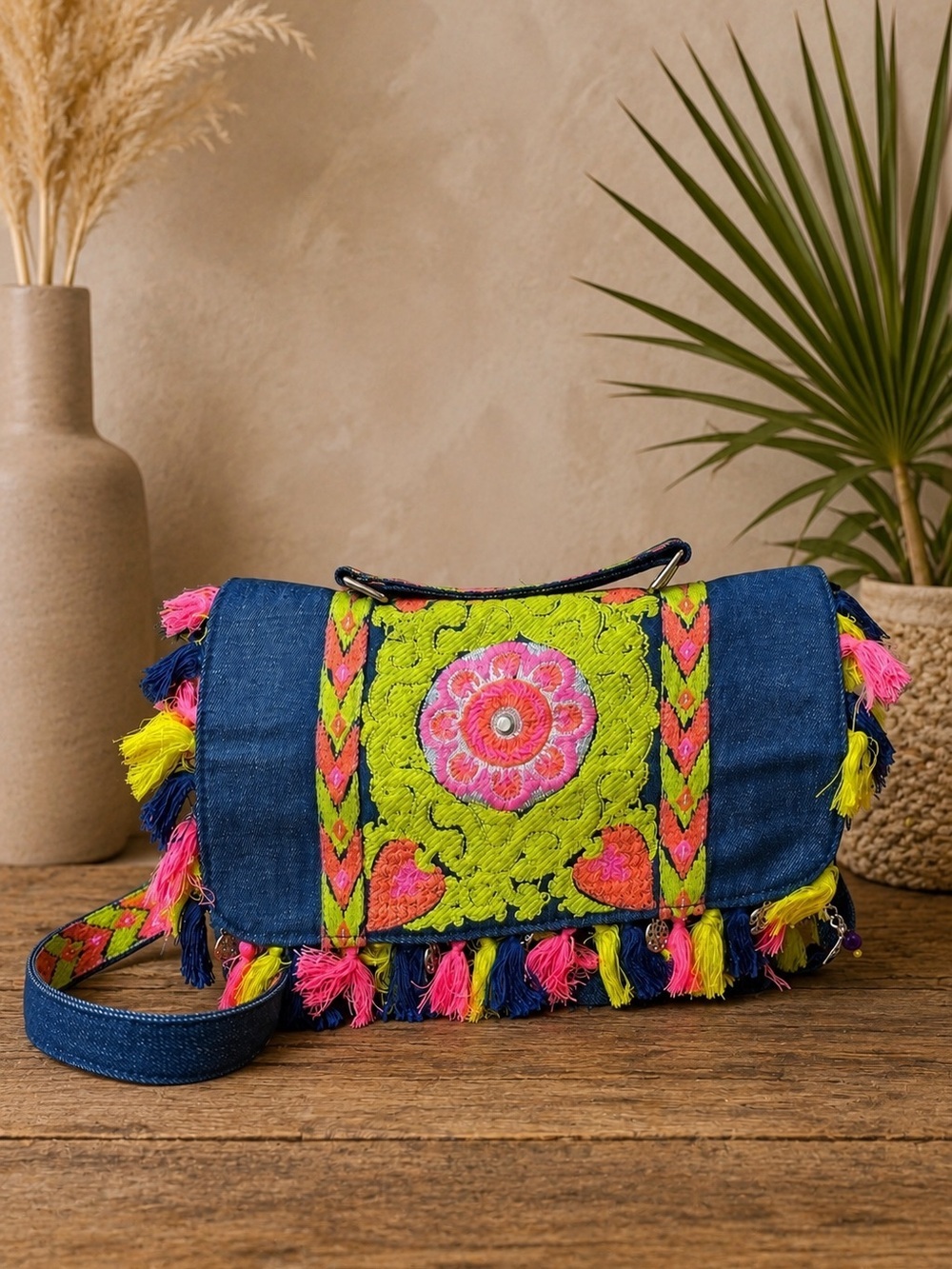 Khaadi Pakistani Embroidered Denim Crossbody Bag | Boho Fringe Tassel bag